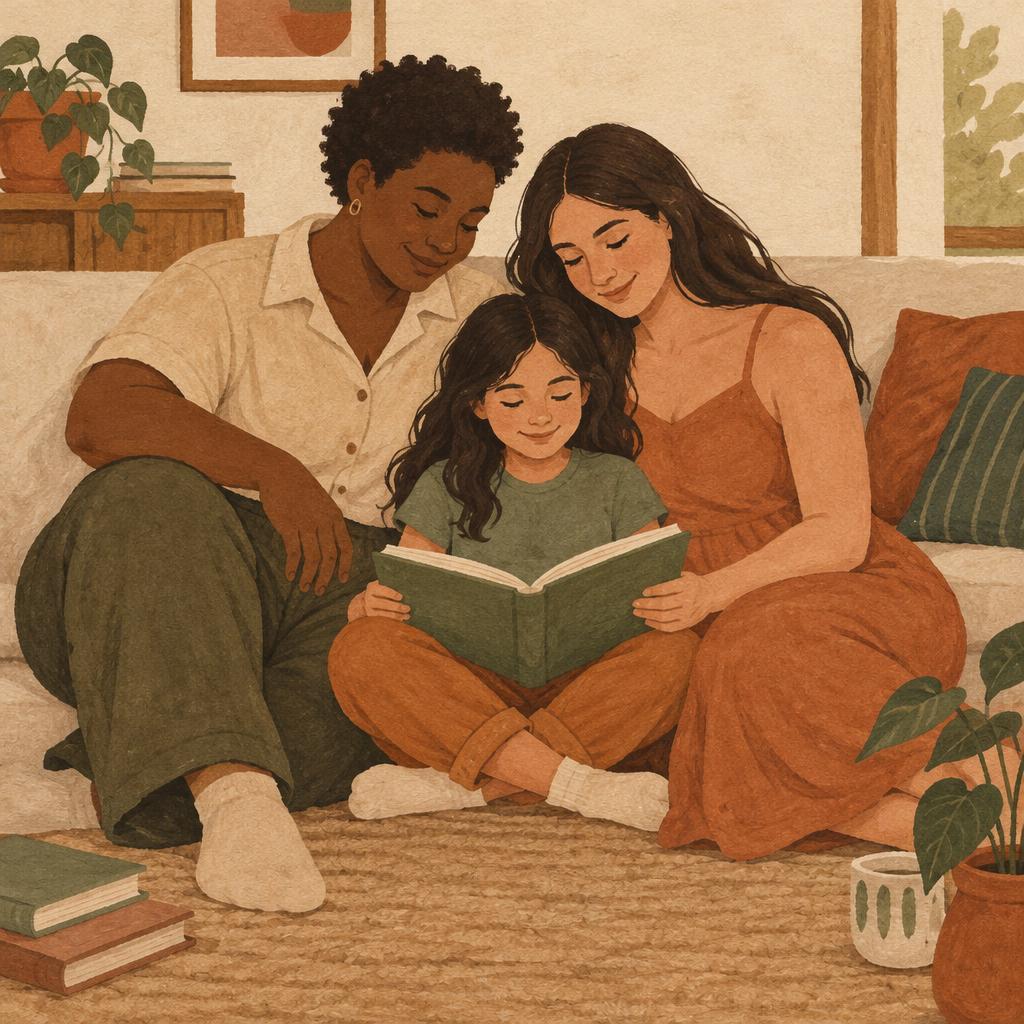 Ilustração de duas mães lendo com sua criança no sofá